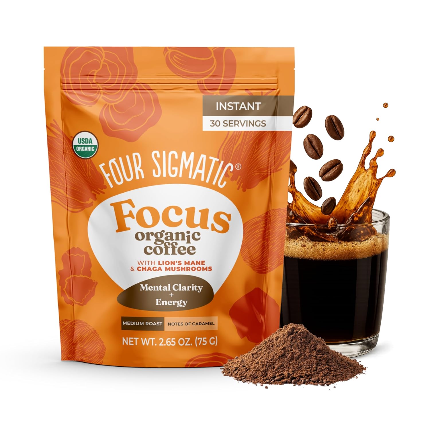 Four Sigmatic Organic Mushroom Coffee | Instant Mushroom Coffee Mix with Lion's Mane, Chaga and Rhodiola for Better Focus and Immune Support | 30 Serving Bag