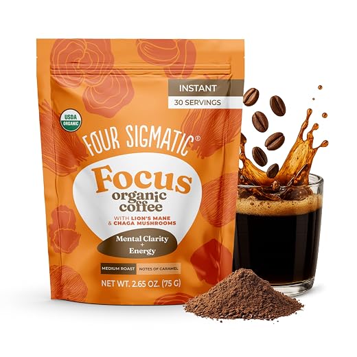 Four Sigmatic Organic Mushroom Coffee | Instant Mushroom Coffee Mix with Lion's Mane, Chaga and Rhodiola for Better Focus and Immune Support | 30 Serving Bag