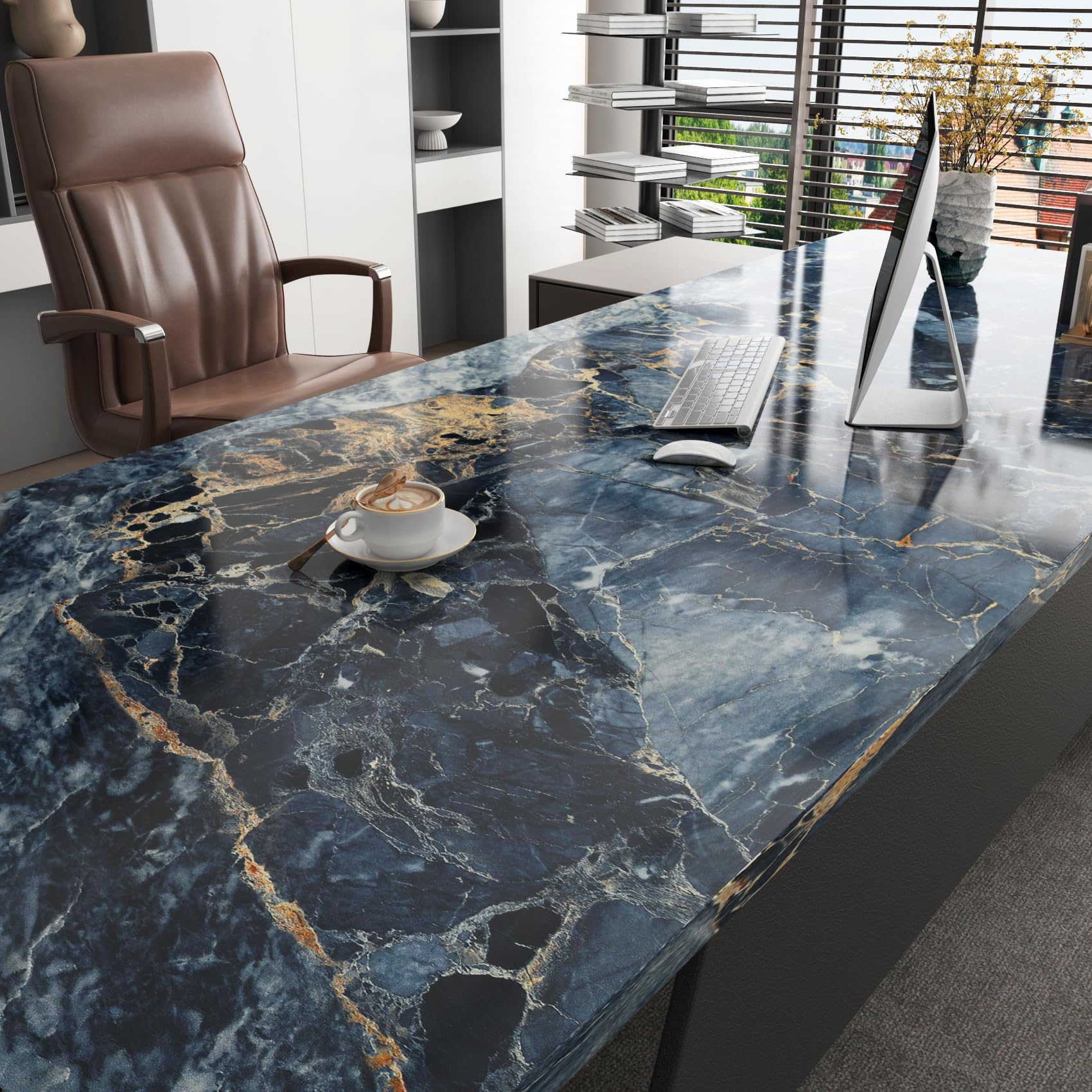 LACHEERY Carta da parati in vinile color blu scuro e oro, 400 x 91 cm di larghezza, adatta per affittuari, piano di lavoro della cucina, stacca e attacca, impermeabile, in vinile, per controsoffitti