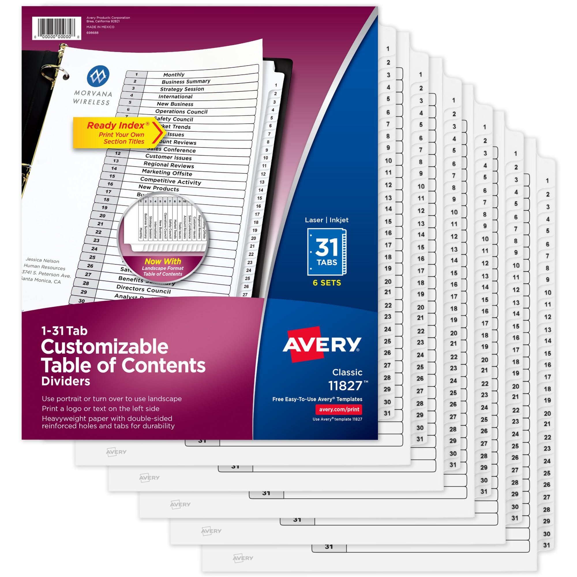 avery 1-31 tab dividers for 3 ring binders, customizable table of contents, classic white tabs, 6 sets (11827)