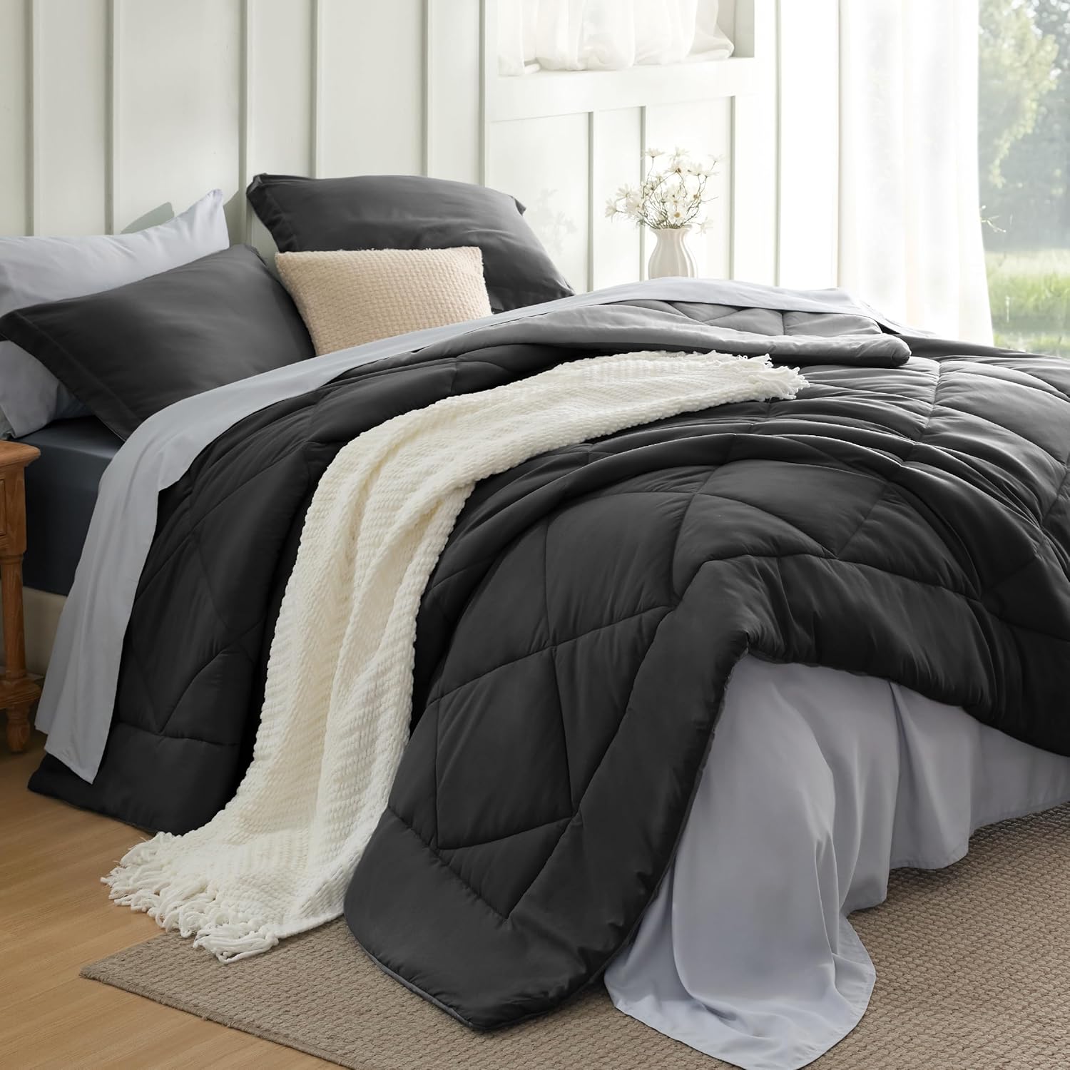 Bedsure Charcoal Grey King Comforter Set - 7 Pieces Reversible Bedding, King Size Bed Set for All Seasons, Bed in a Bag with Down Alternative Comforter, Sheets, Pillowcases & Shams