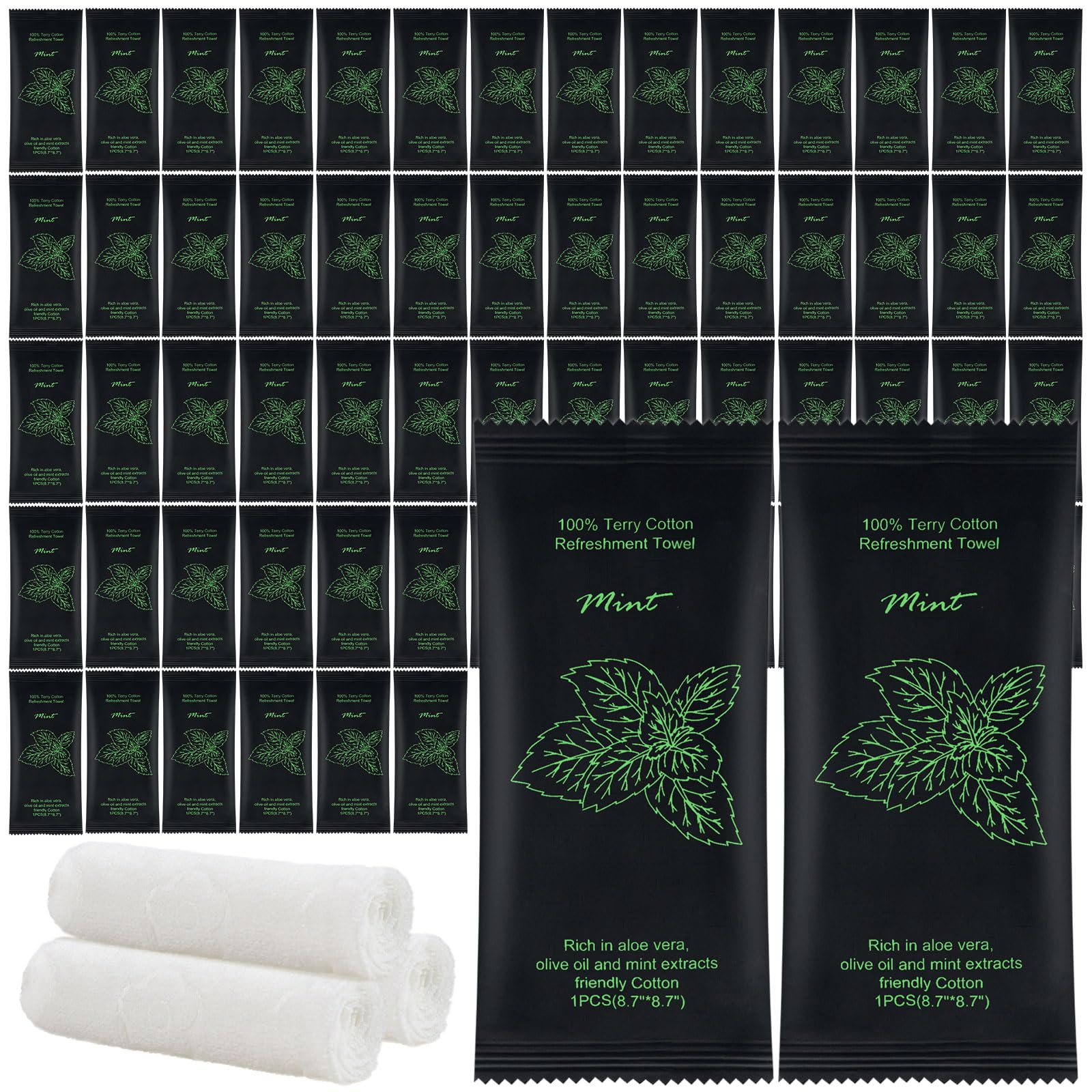Moist Cotton Towel Bulk Moist Towelettes Individually Wrapped 8.7" x 8.7",White Towel Services,Refreshment Pre Moistened Towels for Travel Sport Party Spa Dentist (1 Count (Pack of 50), Mint)