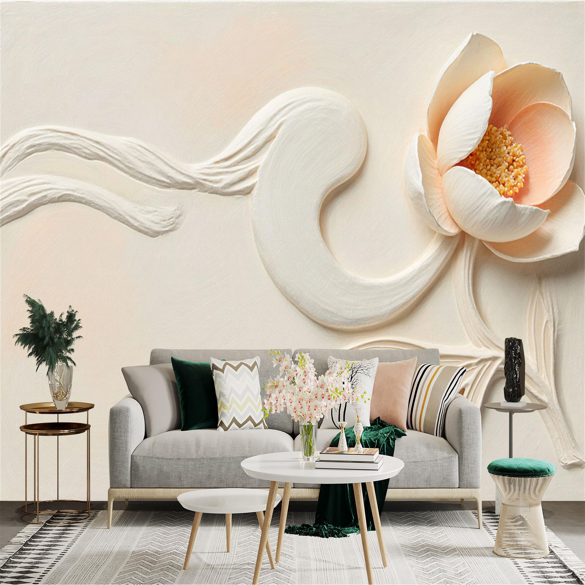 Custom Size Wall Sticker Mural， Elegant 3D Embossed Flower， Minimalist Cream Texture， Soft Abstract Petals， for wall Decoration， peelandstick wall Decals.