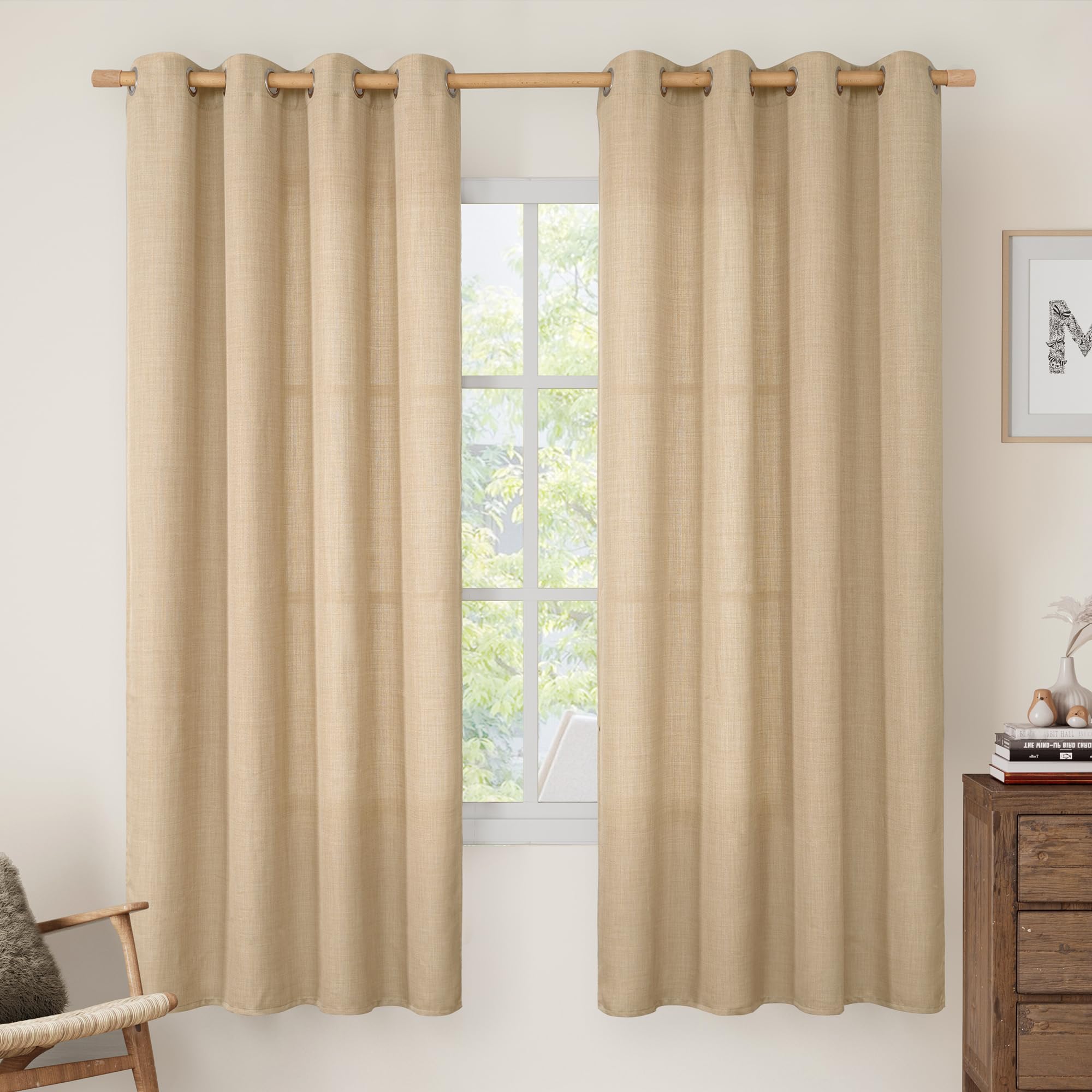 LAMIT Natural Tan Sheer Linen Curtains 68 Inch Length for Bedroom 2 Panels