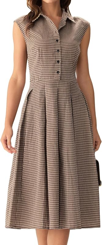 RIHOAS Women's Plaid Dress Sleeveless Button Up A Line Work Office Dress | Gingham,Pleated,Collar Shirt Dress,Zip Up,Knee Length,Casual,Vintage,Formal Dress,Business,Retro,Classic Dress,Teacher Outfit