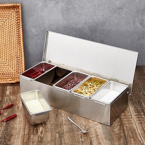 Miniatura 6 de Domensi 2 recipientes de condimentos de acero inoxidable con tapas, dispensador de condimentos, bandeja organizadora con 10 cucharas, barra de