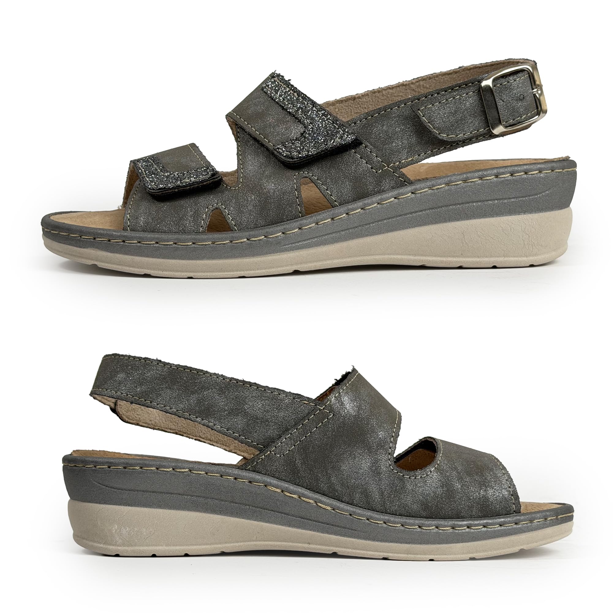 JOMIX Sandali Donna Comodi Ortopedici con Strappo e Fibbia Regolabile Plantare Estraibile in Vera Pelle Scarpe Estivi Ergonomici Anatomici da Anziani Piedi Sensibili e Uso Quotidiano
