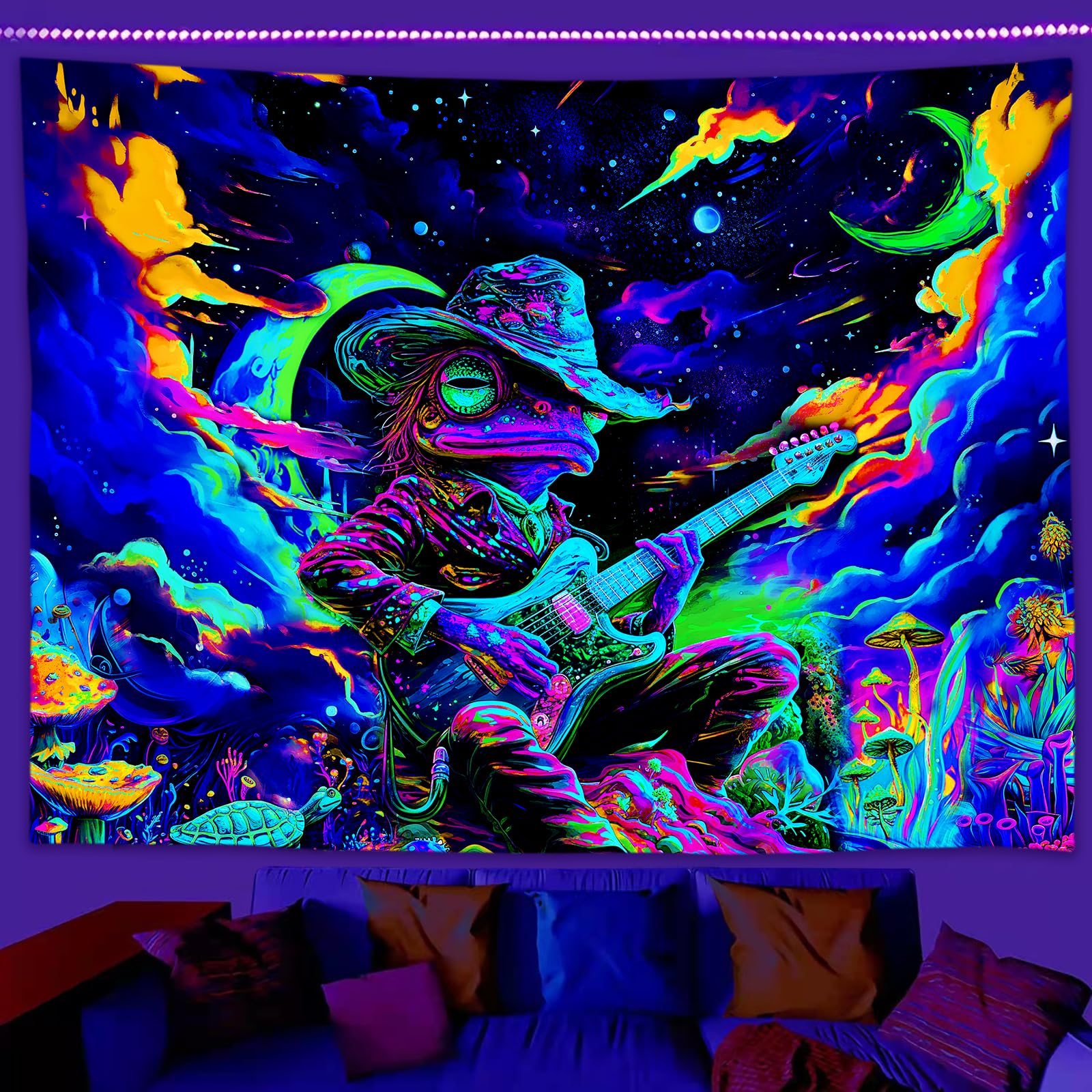 Sanzugh Funny Space Frog Mushroom Blacklight Tapestry UV Reactive