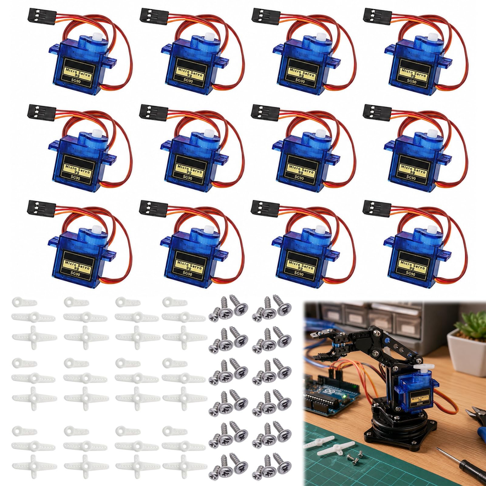 SG90 Servo Motor, 12Pcs SG90 9G Micro Servo Kit for RC Robot Arm Helicopter Airplane Remote Control