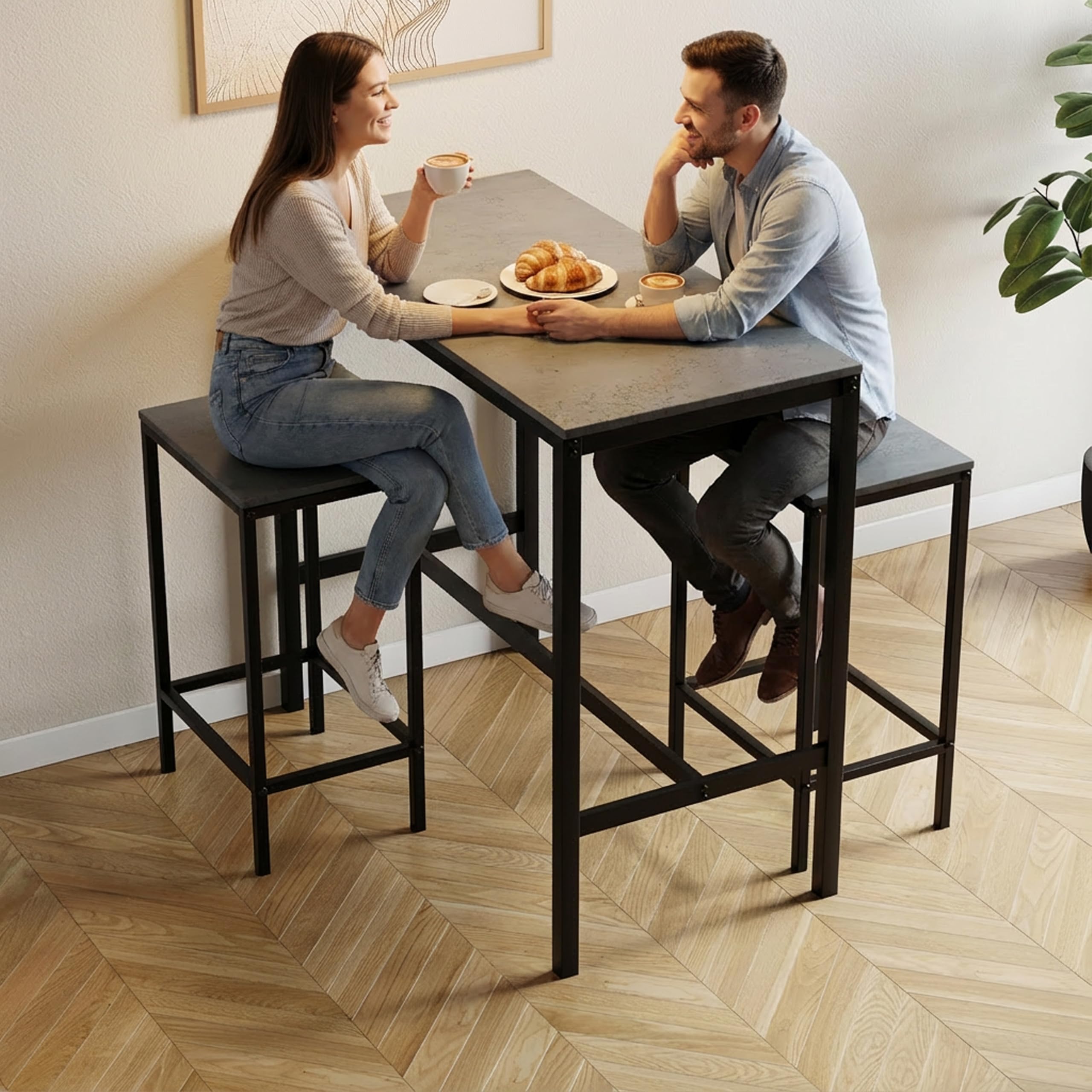 Vida Designs Roslyn Ensemble de table 3 pièces avec 2 tabourets/chaises, design compact pour salle à manger, cuisine, bar, appartement, balcon, jardin avec cadre en acier industriel, 90 x 100 x 50 cm