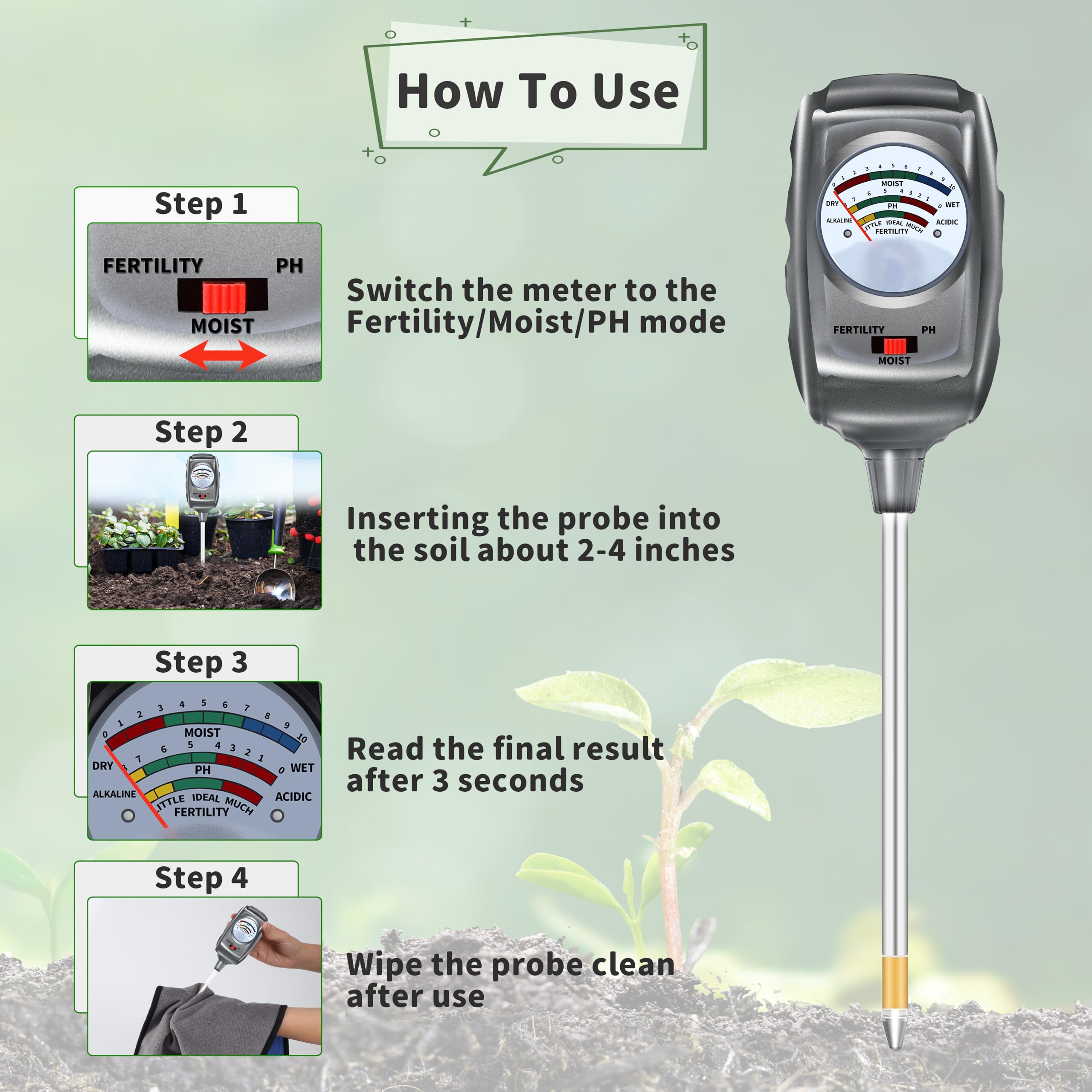 Kit de prueba de suelo 3 en 1, medidor de humedad del suelo/medidor de pH del suelo/probador de suelo de fertilidad, higrómetro de suelo para jardín, planta, granja, interior, exterior, medidor