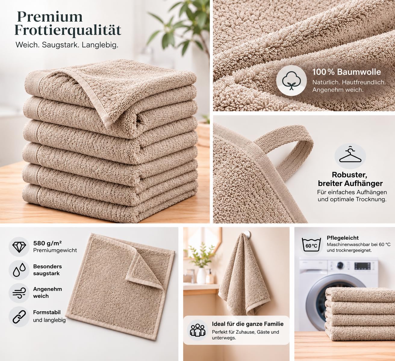 Set di asciugamani di alta qualità (Confezione da 6) beige, 100 x 50 cm, 100% cotone, 580 g/m2, certificato Oeko-TEX®, prodotto in Portogallo