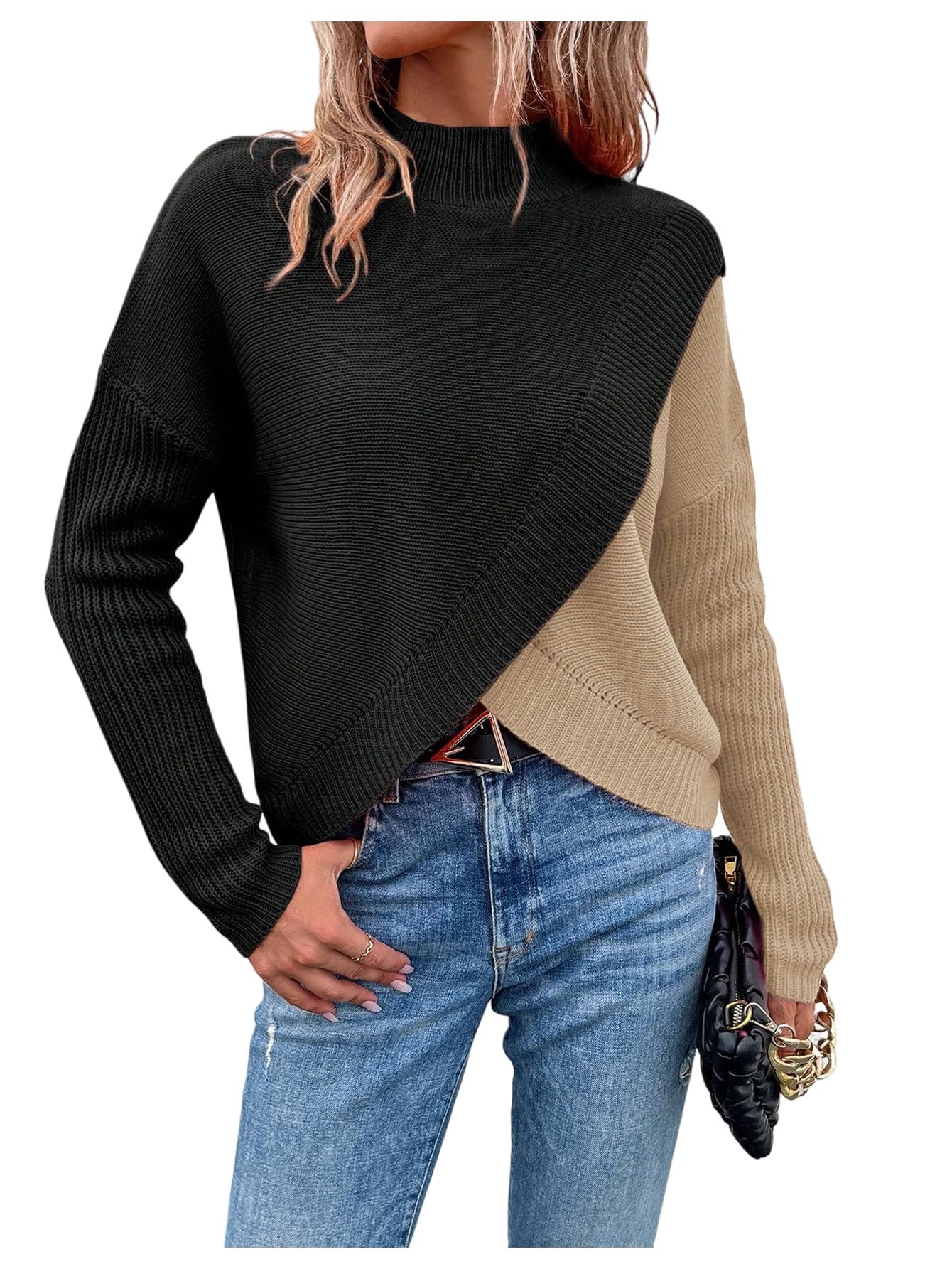 Verdusa Womens Luxury Outfits Mock Neck Color Block Sweater Long Sleeve Drop Shoulder Knitted Pullovers