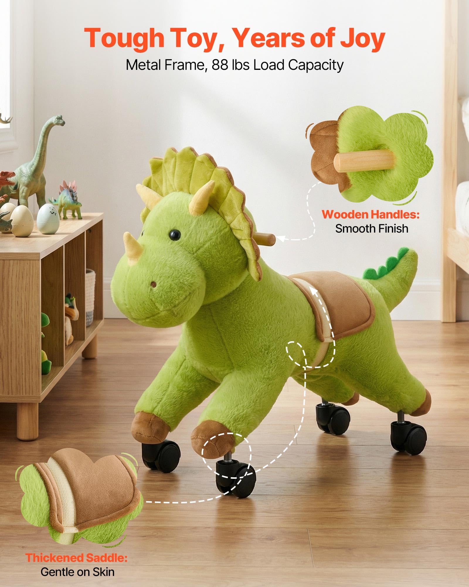 VEVOR Reitpferd auf Rollen 55cm, 40kg Belastbare Stehpferd mit Soundfunktion, Spielpferd mit Weichem Sitz Griffen & 360° Lenkrollen, Grüner Dinosaurier zum Draufsitzen & Reiten für Kinder ab 3 Jahren