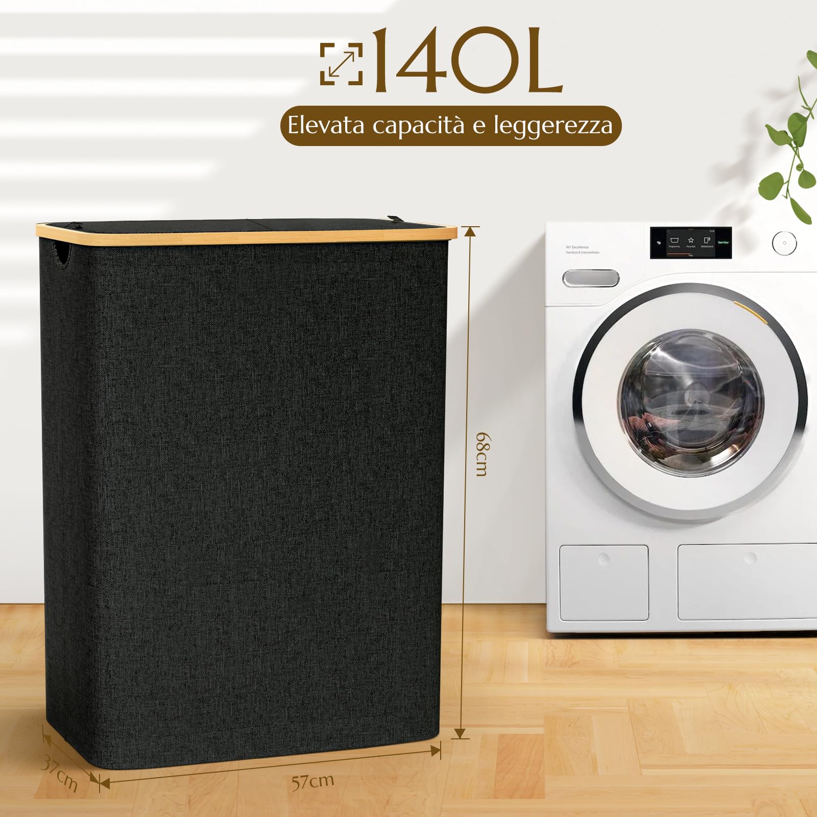 Cesto Portabiancheria con Coperchio, 140L Portabiancheria Sporca con 2 Sacco per la Biancheria Rimovibile, Cesto Biancheria Sporca, cesta portabiancheria &Pieghevole con Manici in Bambù-Nero