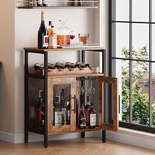 X-cosrack Wine Bar Cabinet with Detachable Rack for 5 Bottles, Glass Holder for 8, Mesh Door - Rustic Brown Coffee Sideboard