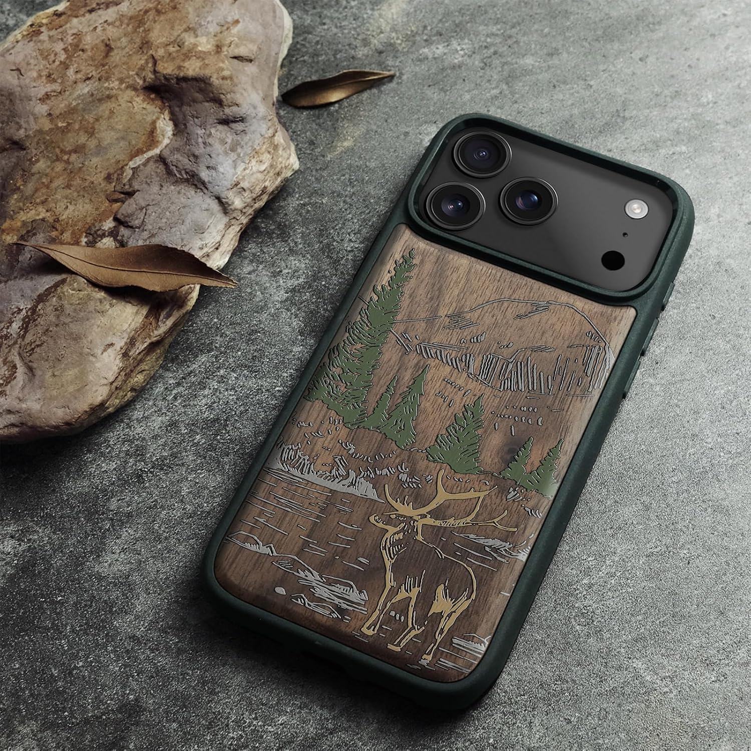 Magnetic for iPhone 17 Pro Max Case Compatible with MagSafe Wireless Charging, Natural Wood Cover & Shockproof TPU Phone Case, Walnut Hand-Drawn Pattern - Mountain Majesty