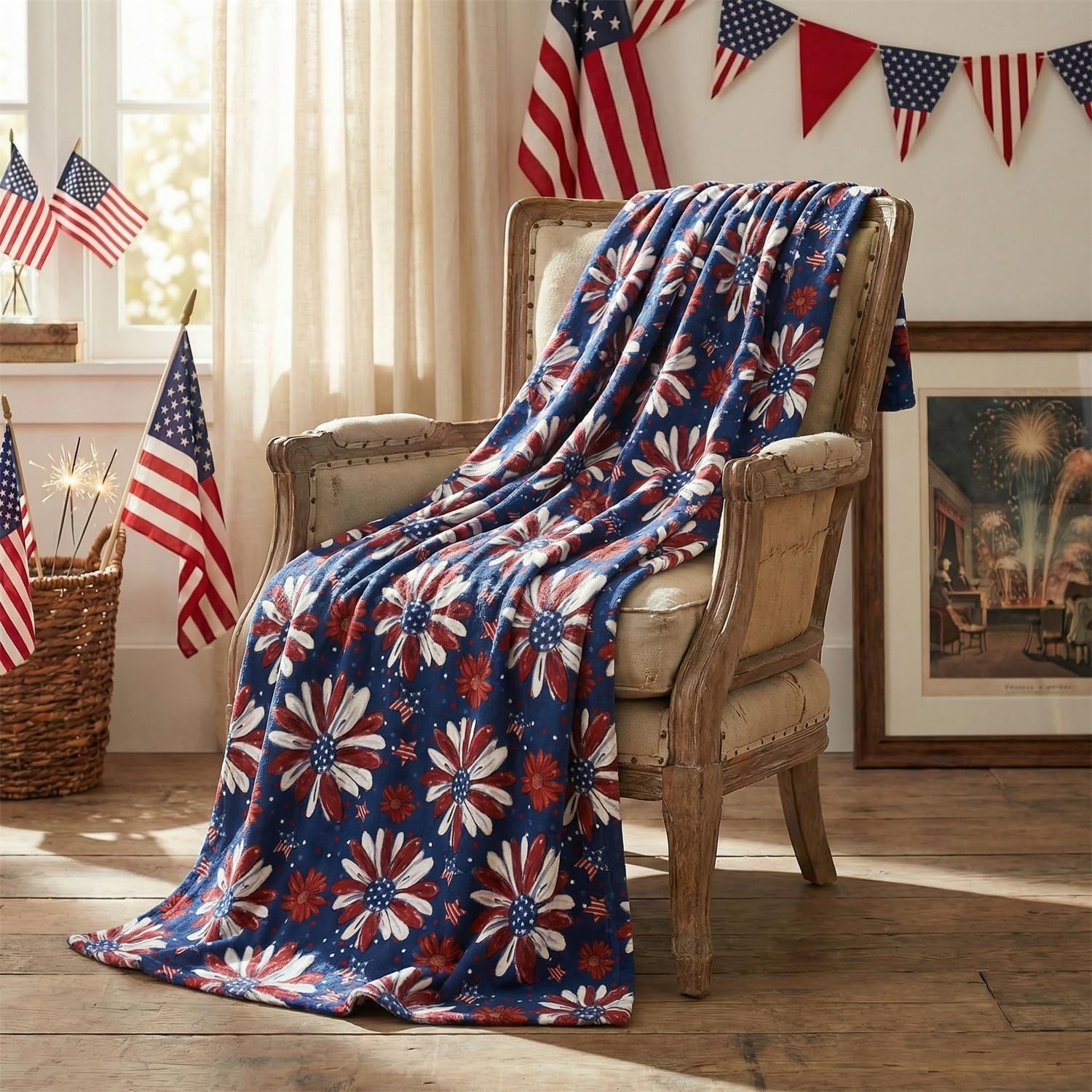 horaldaily 4th of july flannel blanket throw, patriotic memorial day print flowers independence day soft fuzzy plush cozy fleece blankets for couch sofa bed decor, ideal gifts for kids adults 50x60 blue throw(50x60'')