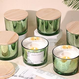 Simeitol 16 OZ Green Candle Jars for Making Candles 6 Pcs, Glass Candle Jars with Airtight Bamboo Lids - Empty Candle Jar Bulk with Sticky Warning Labels - for Home Decor, Wedding, Christmas
