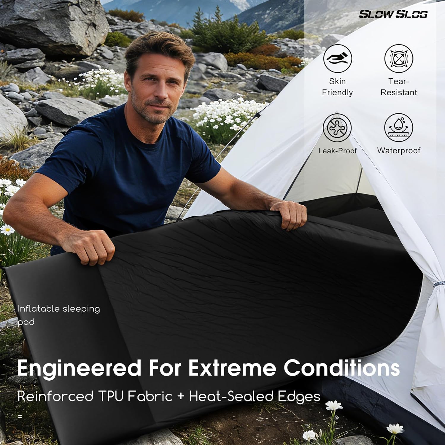 Self-Inflating Single Camping Pad with Pillow, 4in Ultra-Thick Foam Sleeping Mat with Pump Sack for 4-Season Hiking and Tent Travel, Portable Camping Mattress, Black