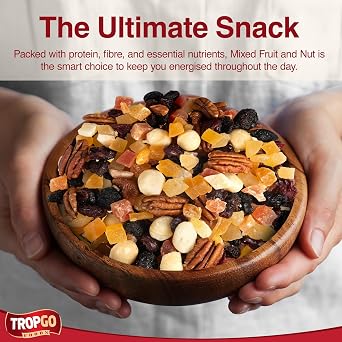 Tropgo Mixed Fruit & Nut 500g Resealable Bag – Diced Mango, Pineapple & Papaya, Macadamia Nuts, Cranberries, Pecans – Healthy Snack for Work, School, Gym, Lunchboxes, Travel, Cupboards