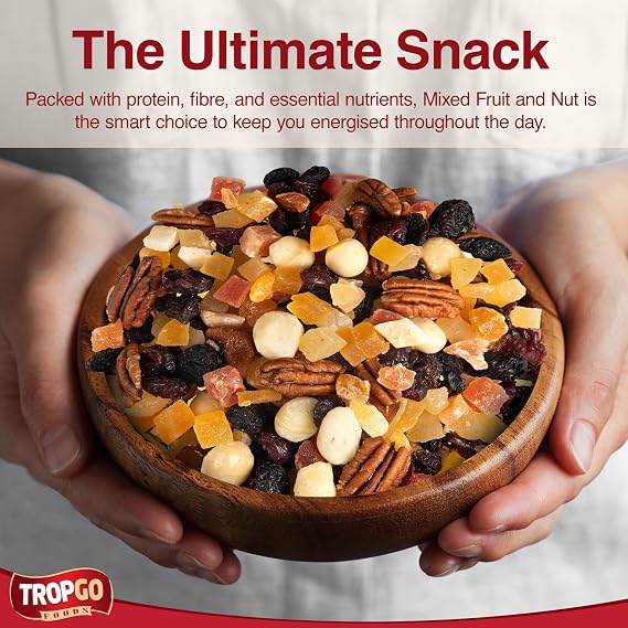 Tropgo Mixed Fruit & Nut 500g Resealable Bag – Diced Mango, Pineapple & Papaya, Macadamia Nuts, Cranberries, Pecans – Healthy Snack for Work, School, Gym, Lunchboxes, Travel, Cupboards