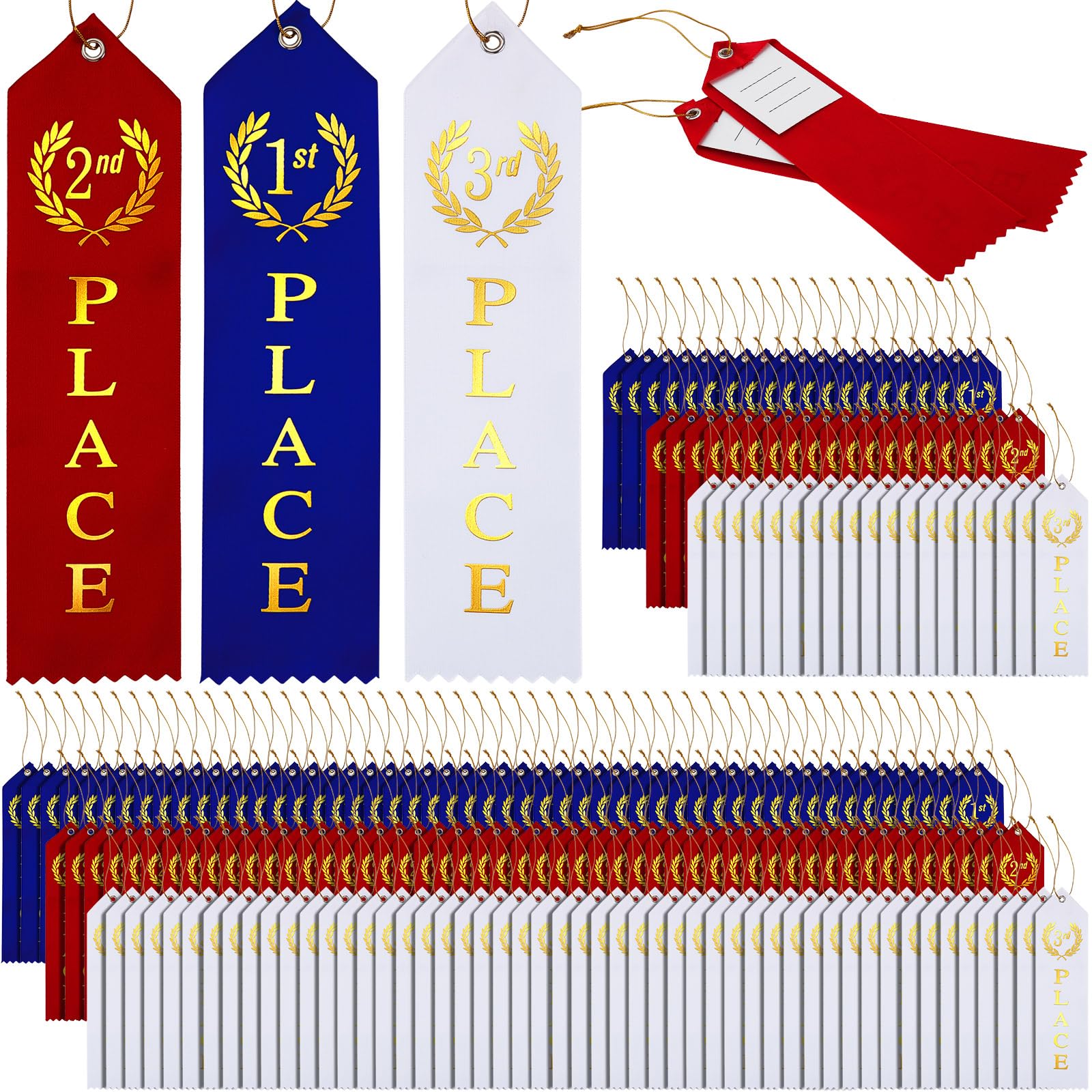 Outus 450 Pieces Award Ribbons 1st, 2nd, 3rd Place Flat Carded Set First Place Prizes with Event Card and Rope for Competition, Sports Event, School, Contests, Blue Red White