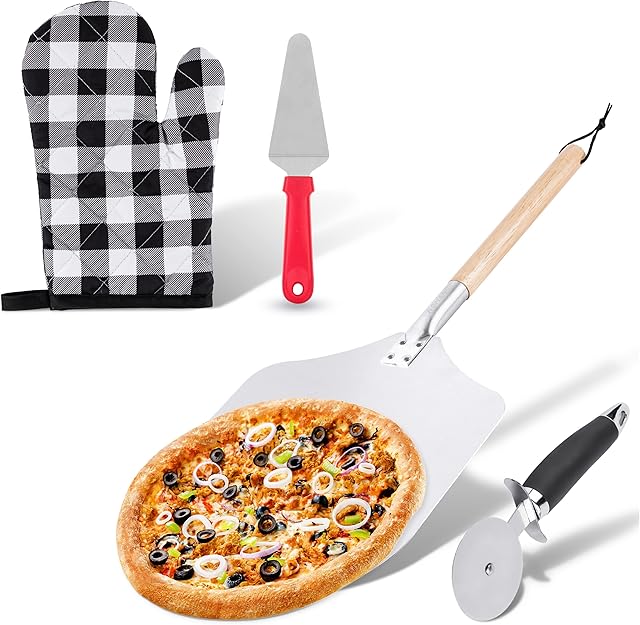 Pizza Peel, Nomans Aluminium 12 inch x 14 inch Pizza Paddle with Pizza Cutter and Oven Glove for Baking Pizza's Expertly with Detachable Wood Handle
