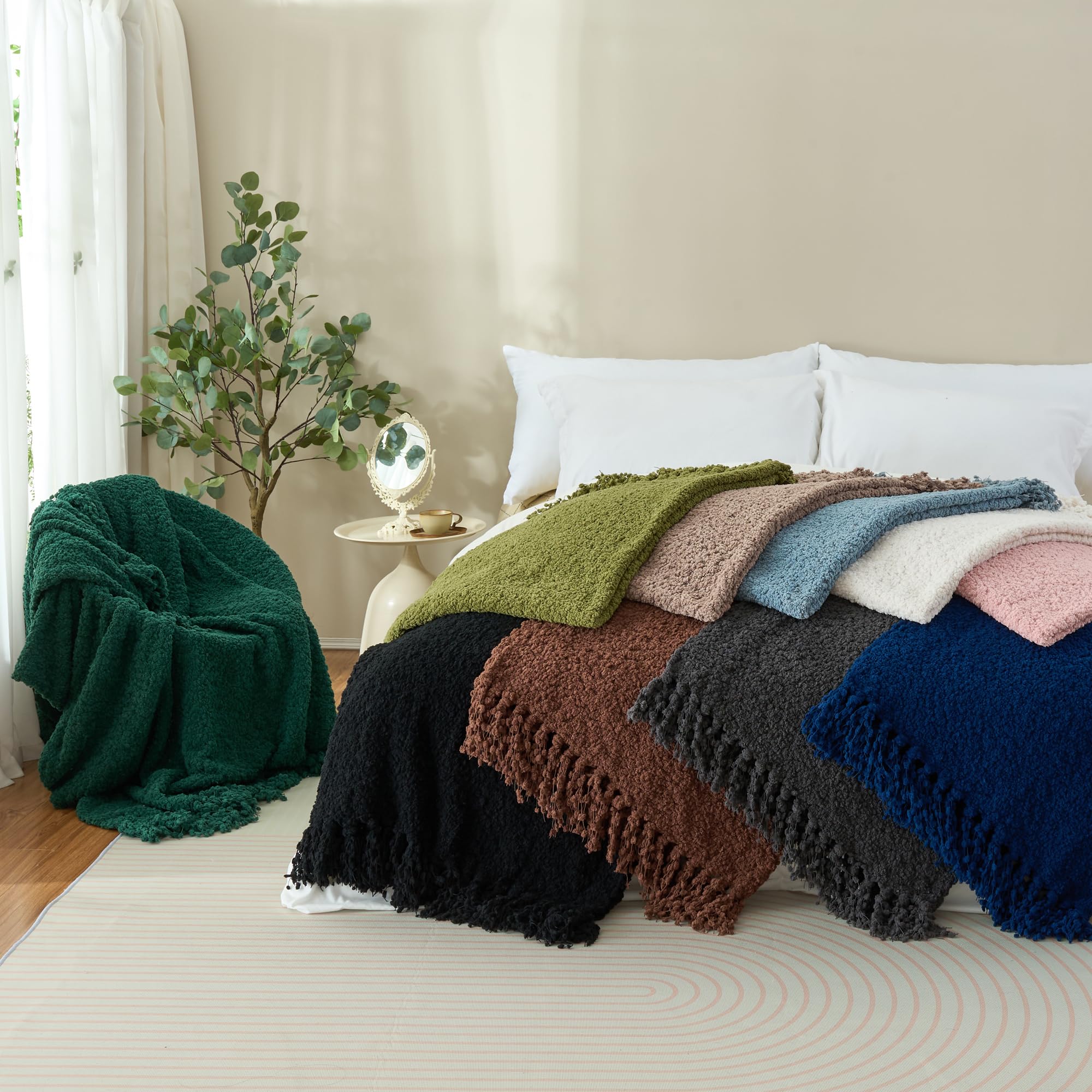 Überwurfdecke für Couch, luxuriös, gestrickte Überwurf, 152,4 x 203,2 cm, strukturierte Strickdecke mit handgefertigten Fransenquasten für Bett, Sofa, dekorativ, klobig, weich, Bauernhaus,