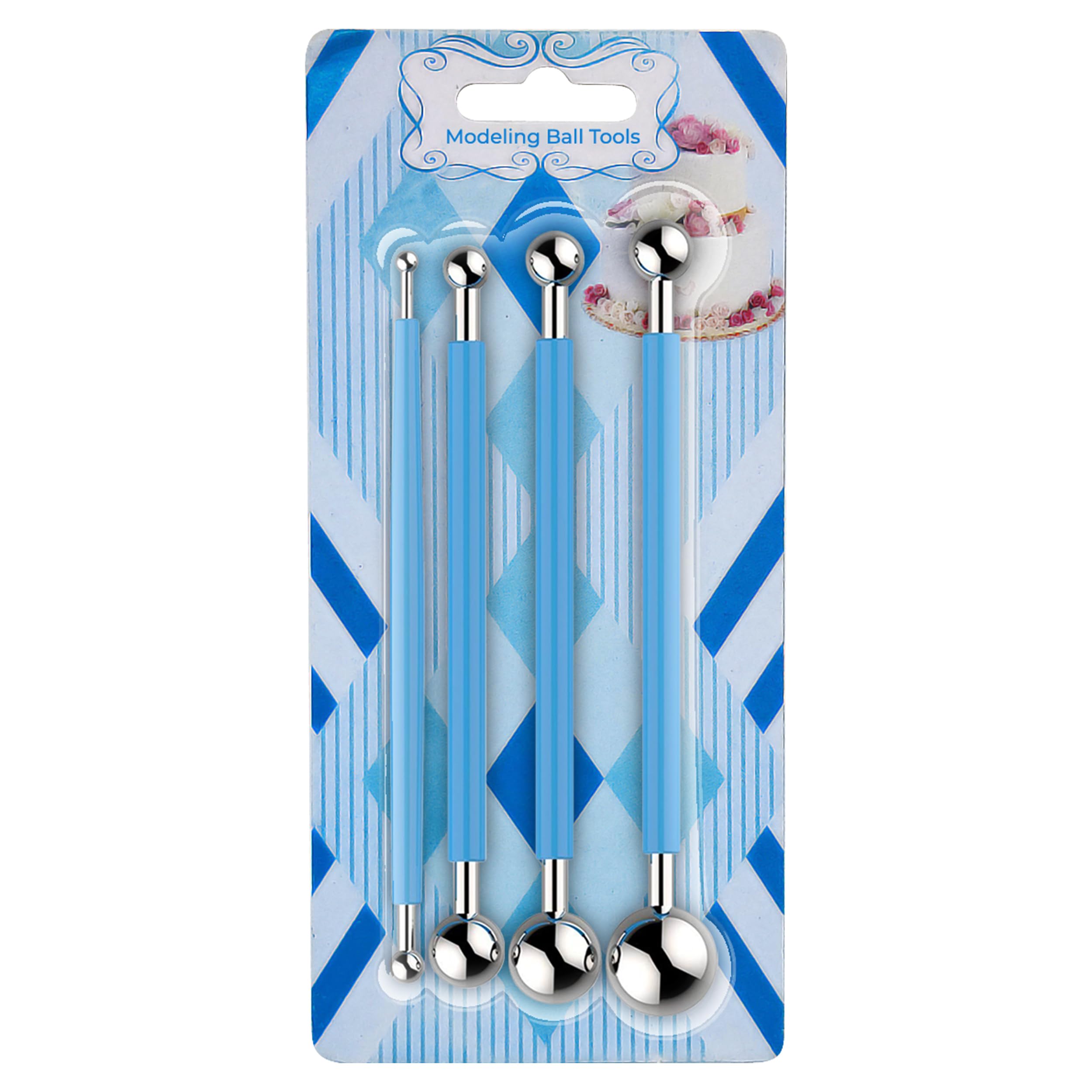 JJPRIME 4 Pcs Metal Ball Cake Set | Fondant Decorating | Clay Modelling Tools | Sugarcraft Mold Cutter for Flower Paste, Stainless Steel, Blue, 8 Different Sizes