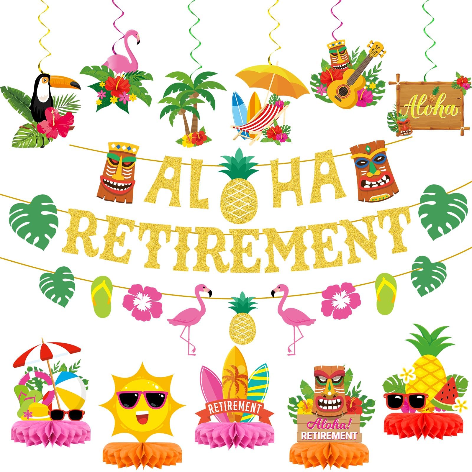 Hawaiian Luau Retirement Party Decorations Aloha Banners Happy Retirement Hanging Swirls Tropical Honeycombs 3D Flamingo Palm Pineapple Table Centerpieces for Summer Beach Party Supplies Favor Decor