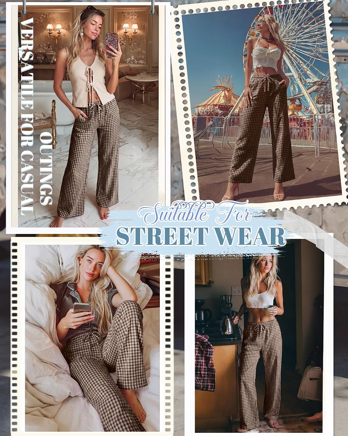 Xaatren Women's Gingham Pants 80% Cotton Striped Plaid Pajamas Elastic Waist Lounge Bottoms Casual Summer with Pockets