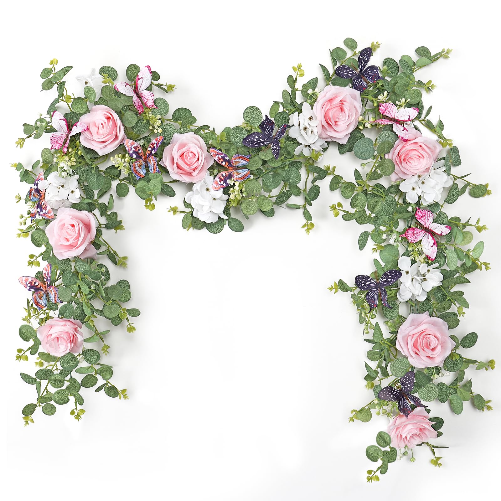 Künstliche Blumengirlande, Hortensien, Reben mit Schmetterlingen, hängende Blumen, grüne Eukalyptus-Girlande für Hochzeit, Zuhause, Party, Zimmer, Tischhintergrund, Dekoration, Rosa, 2 Stück