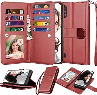 Njjex Galaxy A01 Case, for Samsung Galaxy A01 Wallet Case, [9 Card Slots] PU Leather ID Credit Holder Folio Flip [Detachable] Kickstand Magnetic Phone Cover & Lanyard for Samsung A01 [Wine Red]