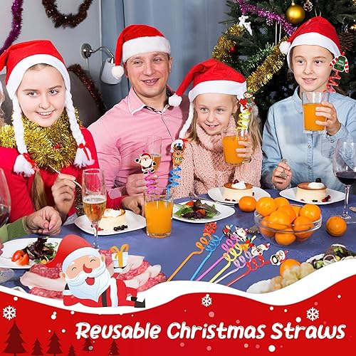 Miniatura 5 de JANYUN Pajitas de Navidad, 20 popotes de plástico reutilizables, recuerdos de fiesta de Navidad para niños, lindos copos de nieve, renos, pajitas