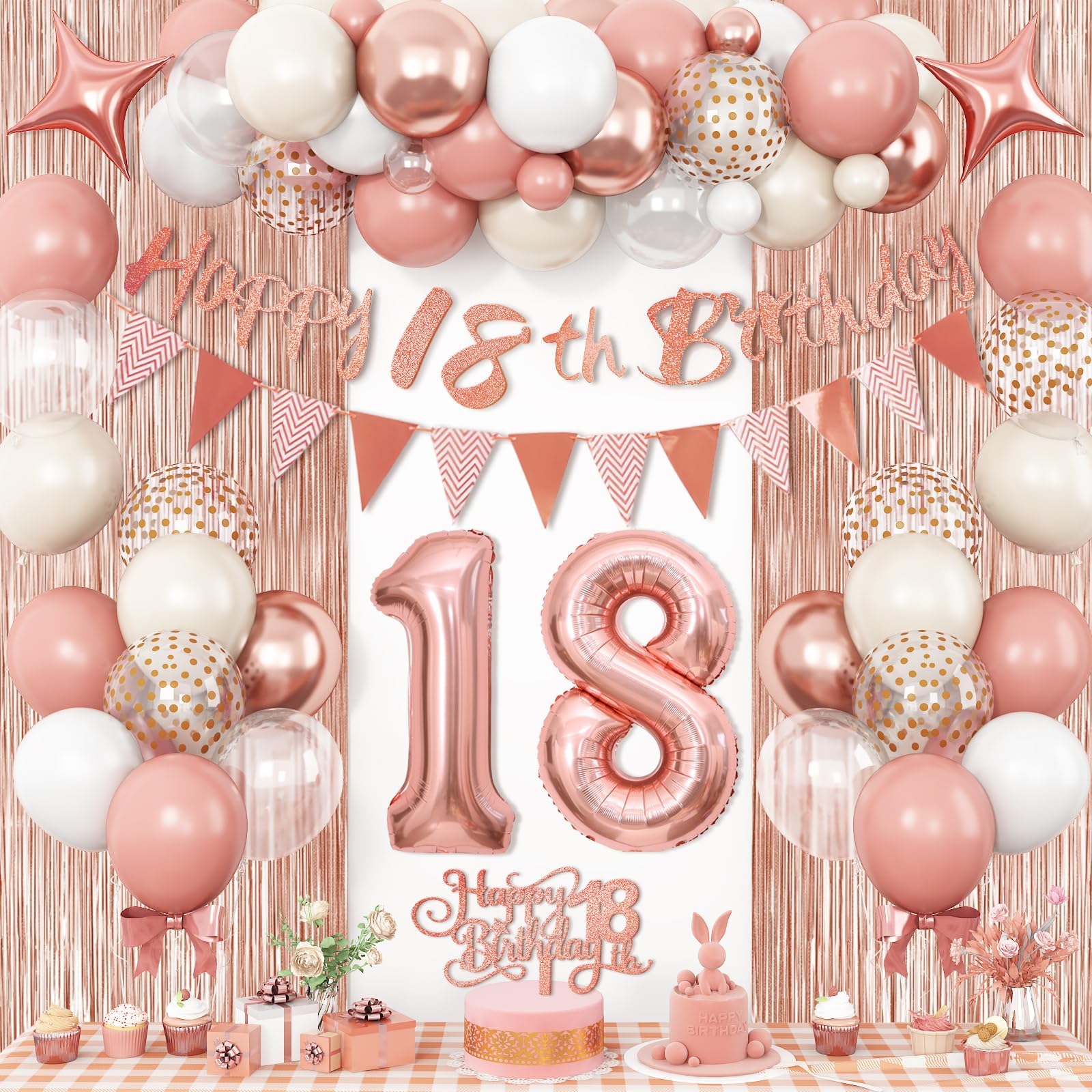 18th Birthday Decorations for Girls, Blush Pink Rose Gold 18th Birthday Balloons with 18th Birthday Banner Number 18 Balloon Fringe Curtain Cake
