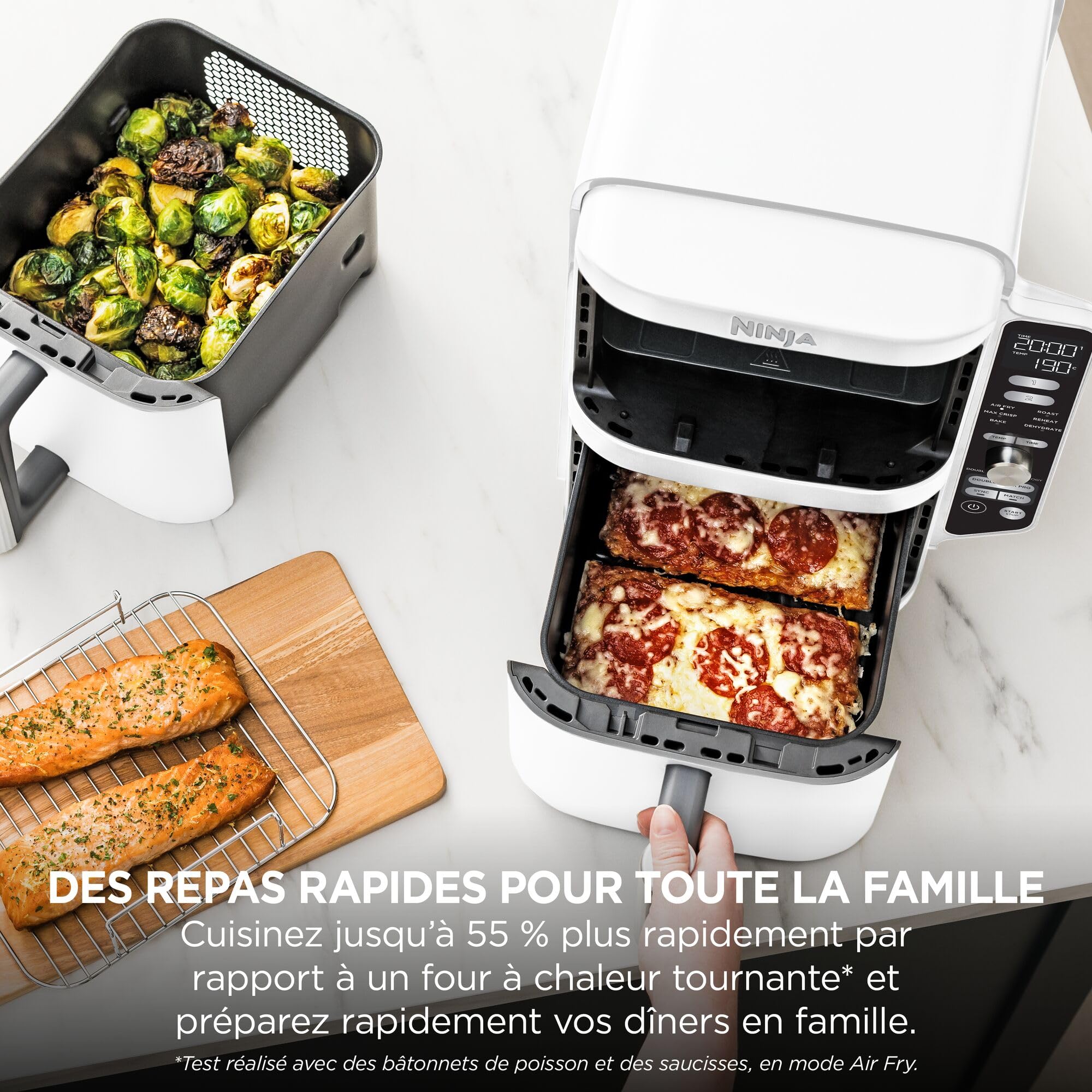 NINJA Double Stack XL Air Fryer, Friteuse sans huile Verticale Double Tiroir 4 Niveaux de Cuisson, 2 Tiroirs, 2 Grilles, Capacité de 9,5 L, 6 Fonctions, 8 Portions, Pinces, Blanc SL400EUWH