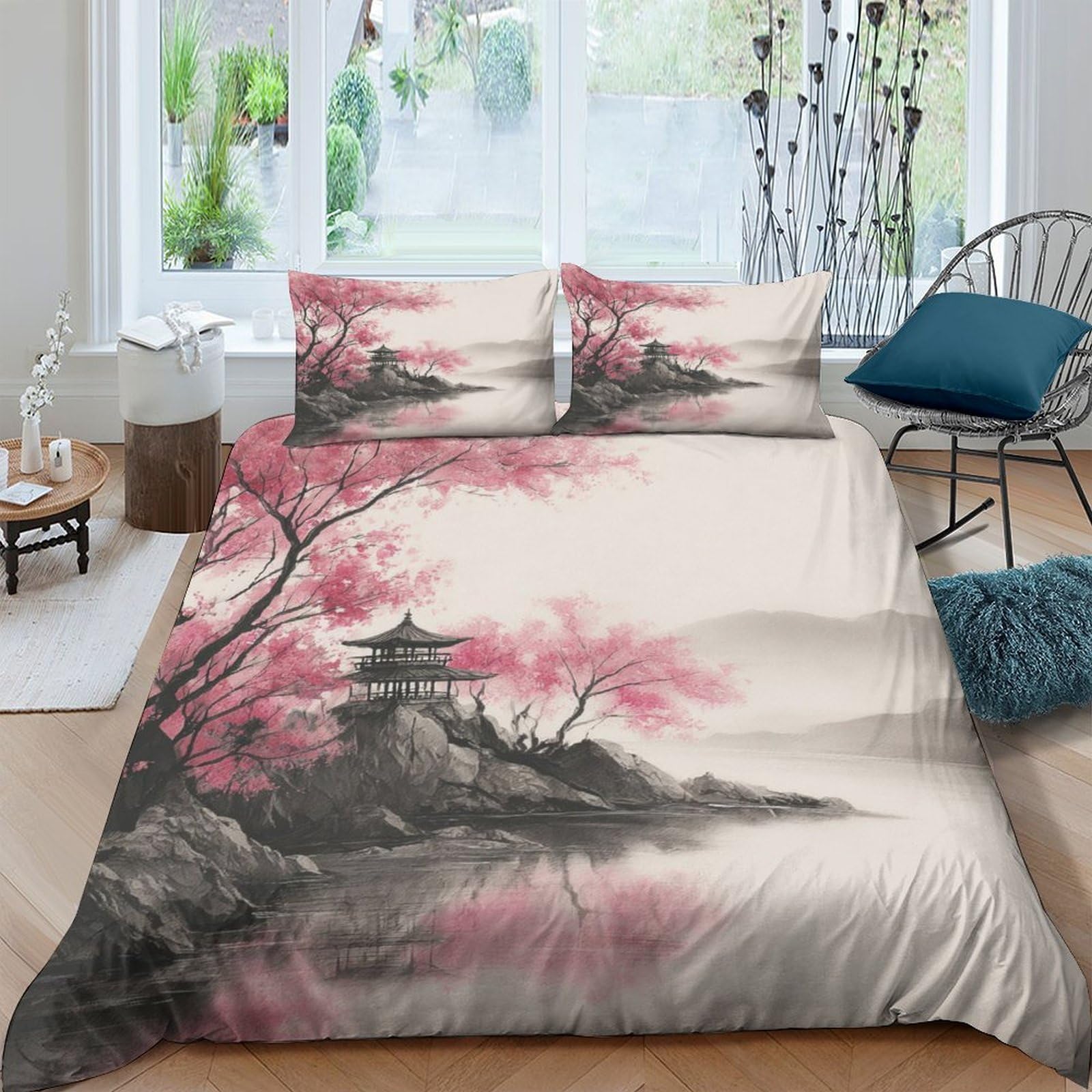 Ctjqhvkz Style-6 3D Printed Sakura Landscape Fitted Sheet Microfiber Bed Cover Pink Japanese Art For Bedroom Guest Room Decor Single（135X200cm）