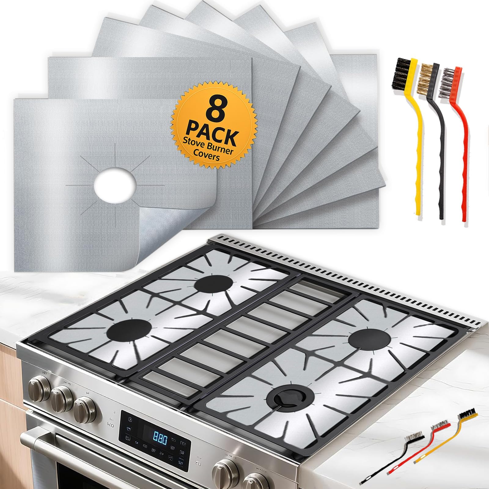 Gas Stove Burner Covers 8-Pack 10.6"×10.6" with Bonus Cleaning Brushes
