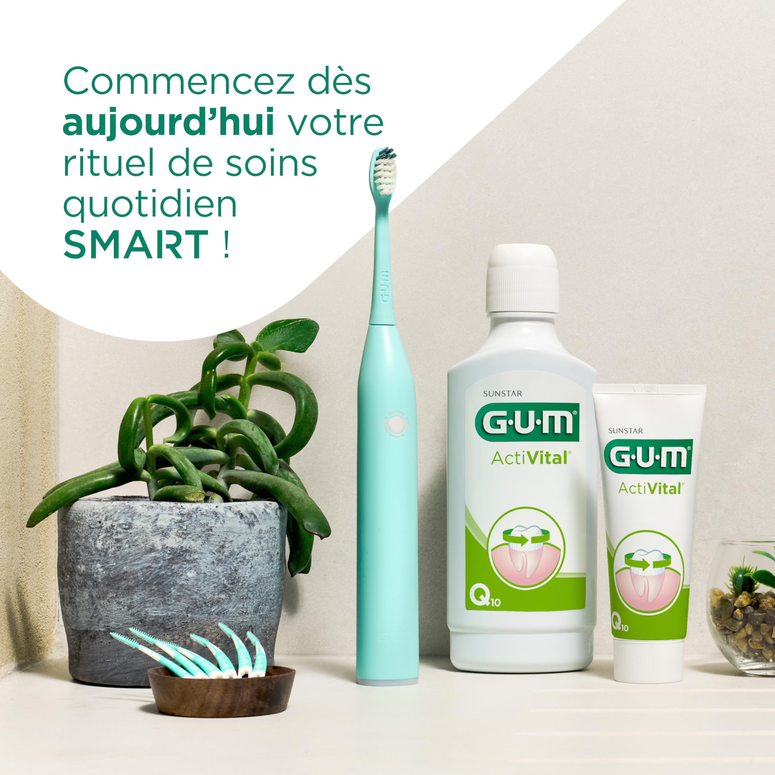 GUM SMART ONE Brosse à dents électrique | contrôle de vitesse | minuteur | 4 modes de brossage | 6 semaines d’autonomie | application intelligente | 1 brosse à dents | 2 têtes de brosse | Noire