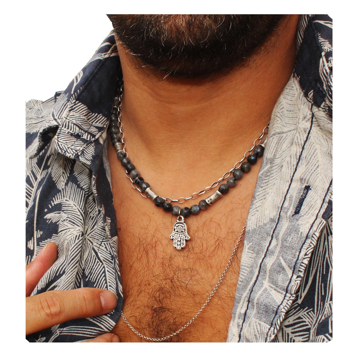 Liliya Jewelry Men’s Labradorite Necklace - 19.5 Inch Grey Gemstone Mala - Small Silver Hamsa Pendant - Tribal Boho Protection Gift for Him