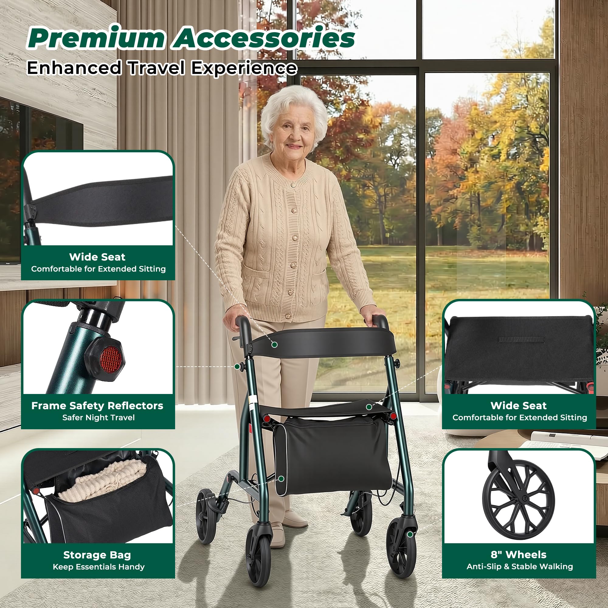 Careboda Andador plegable, ruedas 20cm, todoterreno, altura regulable | Perfil Estrecho para Interiores, Ruedas de 20 cm Todo Terreno, Mangos Regulables en Altura, Movilidad Reducida