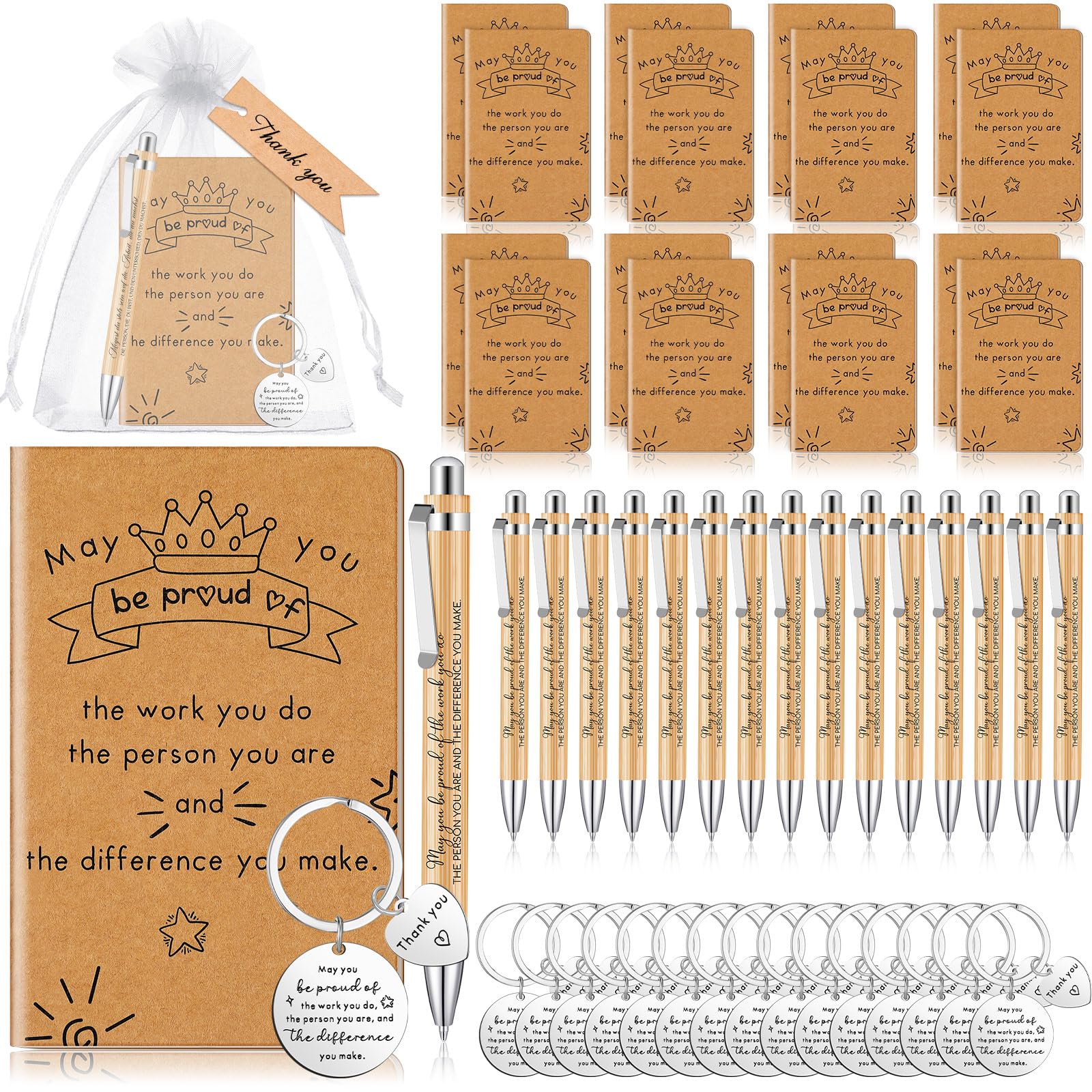 Tenare 16 Sets Chirstmas Thank You Gifts Inspirational Notebooks Motivational Ballpoint Pens Keychains Bulk with Tags and Organza Bags Leaving Present Employee Appreciation Gifts for Staff Team Office