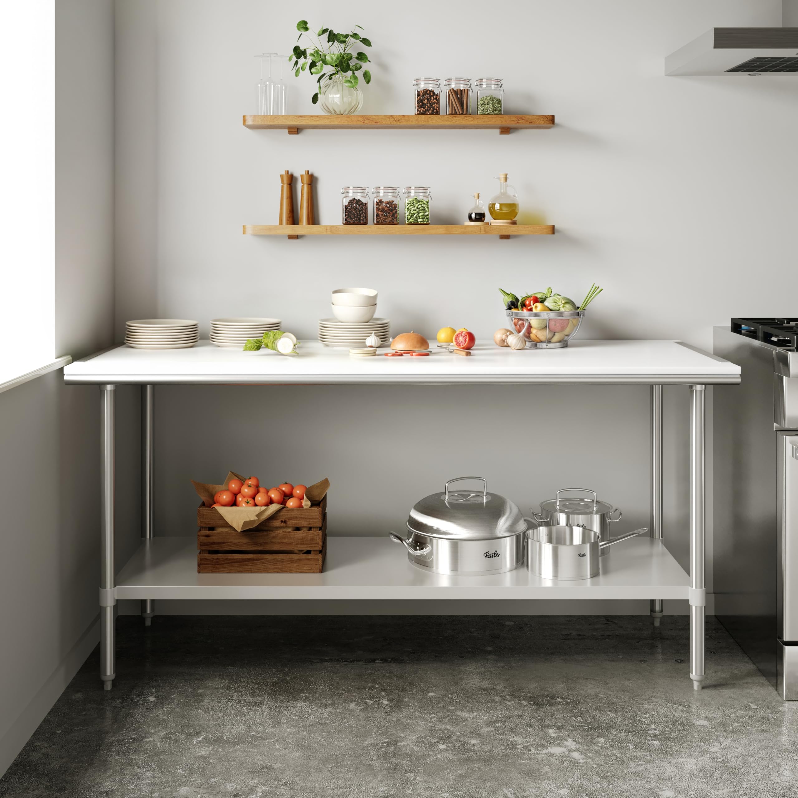 Flash Furniture Reader Work Prep Table with NSF Certified 18 Gauge Stainless Steel Top Shelf with Poly Cutting Board and Galvanized Steel Undershelf, 30