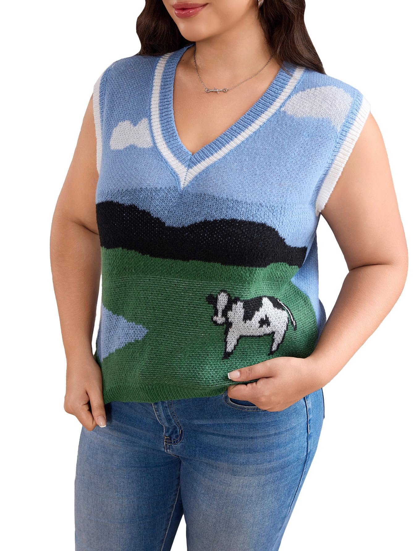SHENHE Women's Plus Size V Neck Cute Cow Print Graphic Sweater Vest Preppy Knit Top Tank