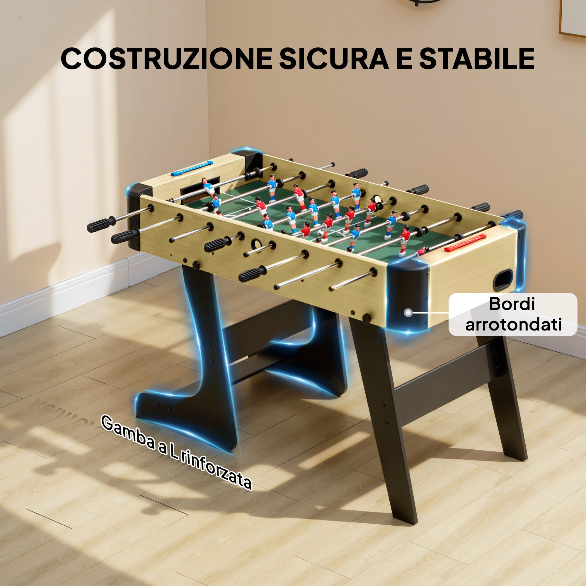SPORTNOW Calcio Balilla Pieghevole per Casa 118x107.5x78 cm Color Legno | Maniglie Antiscivolo, 8 Aste, 22 Giocatori, 2 Palline, Segnapunti, Biliardino per Bambini Adulti Scuola Ufficio Feste