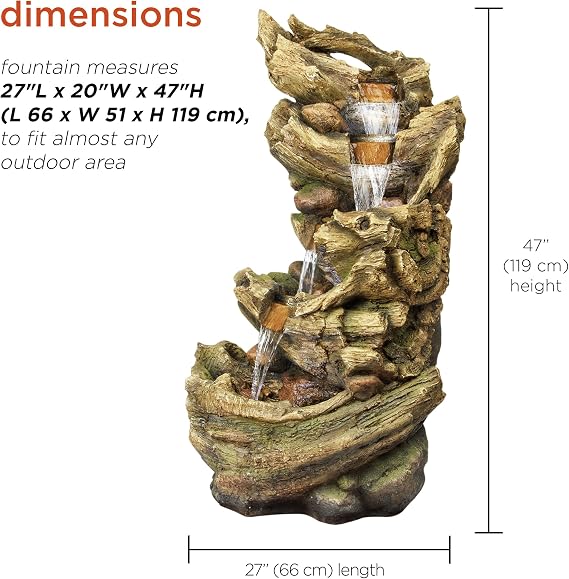 Alpine Corporation TZL132 Outdoor Floor 5-Tier Log Fountain with LED Lights, Cascading Tree Trunk Fountain 47, Brown