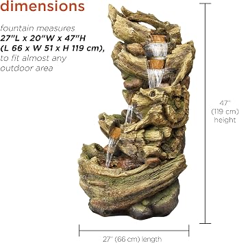 Alpine Corporation TZL132 Outdoor Floor 5-Tier Log Fountain with LED Lights, Cascading Tree Trunk Fountain 47, Brown