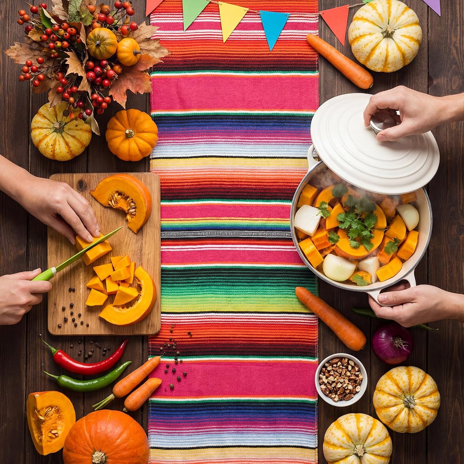 Tegeme 6 Pcs Mexican Table Runners 14 x 84 Inch Mexican Serape Table Runner Blanket Fringe Cotton Rainbow Fiesta Party Decoration for Cinco De Mayo Wedding Sarapes Mexicanos Boho (Novel Style)