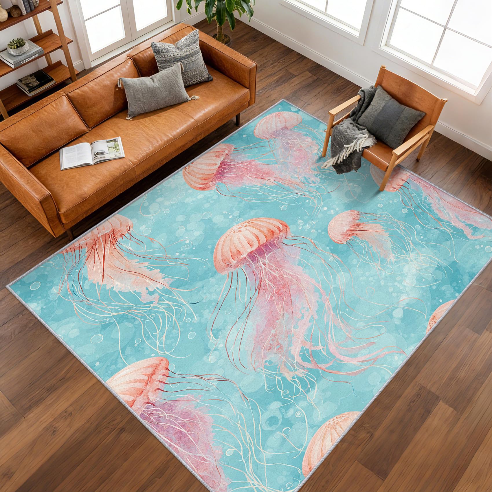 Tapis salon méduse rose anti-glisse pour un nettoyage facile et rapide